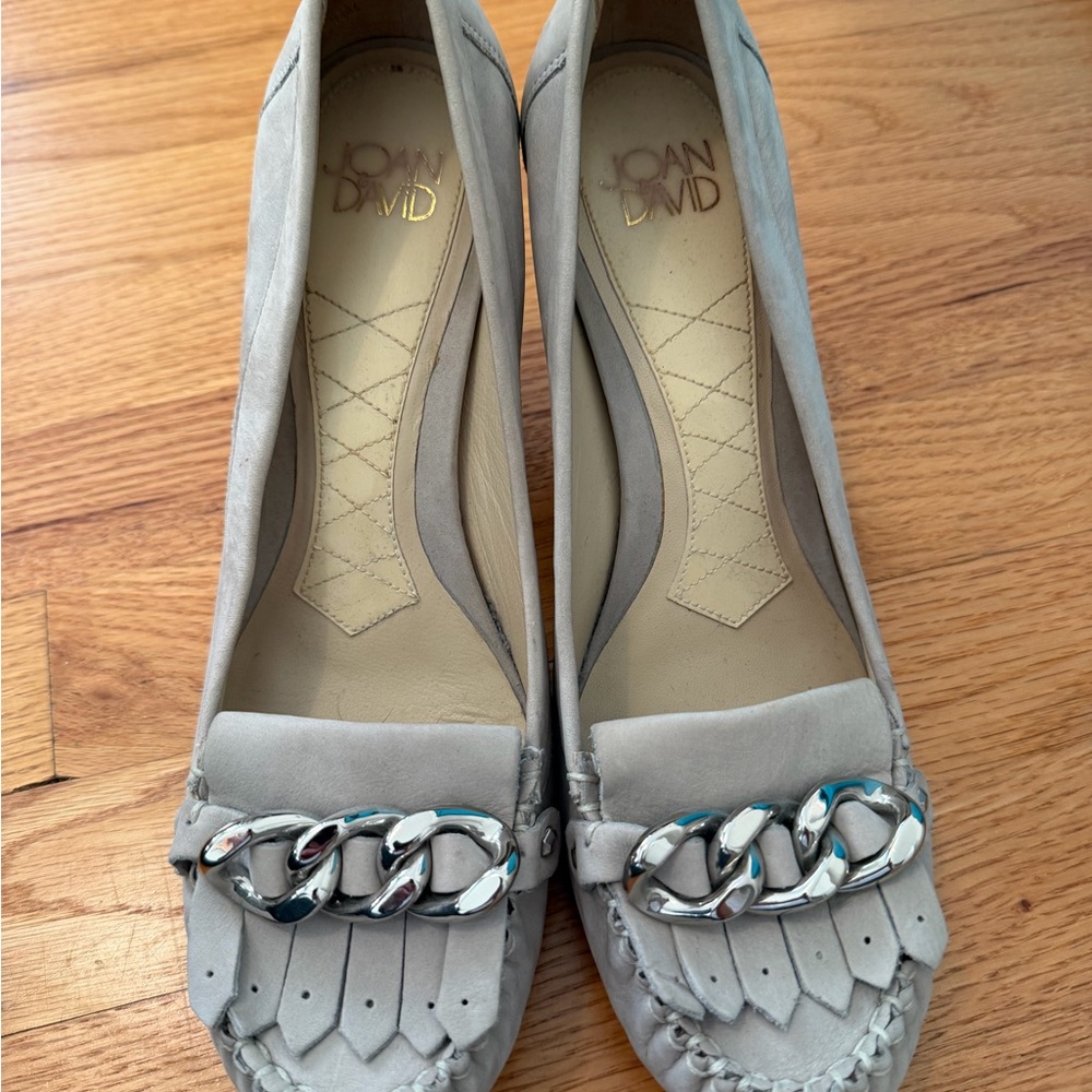 PRICE DROP -
Joan & David Silver Chain Accent Suede Grey Heels